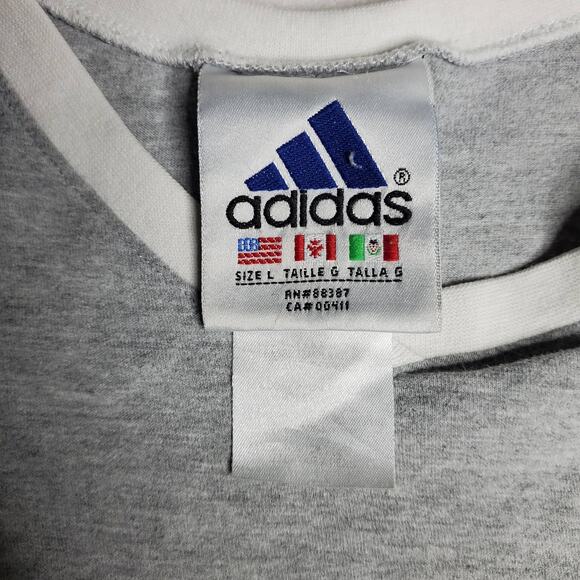 Vintage Adidas Grey White 3 Stripe V Neck T Shirt Embroidered Logo L 1027 - Picture 3 of 5